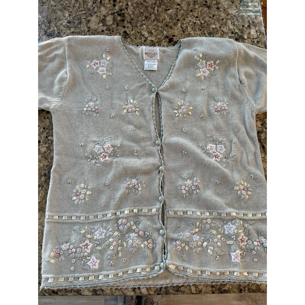 Vintage Bentley Floral Embroidered Cardigan Medium Seafoam Shoulder Pads